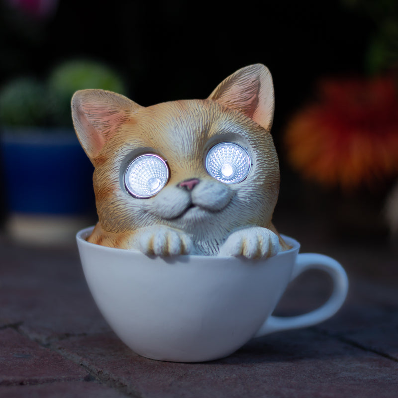 Brown Cat in a Cup Garden Solar Light