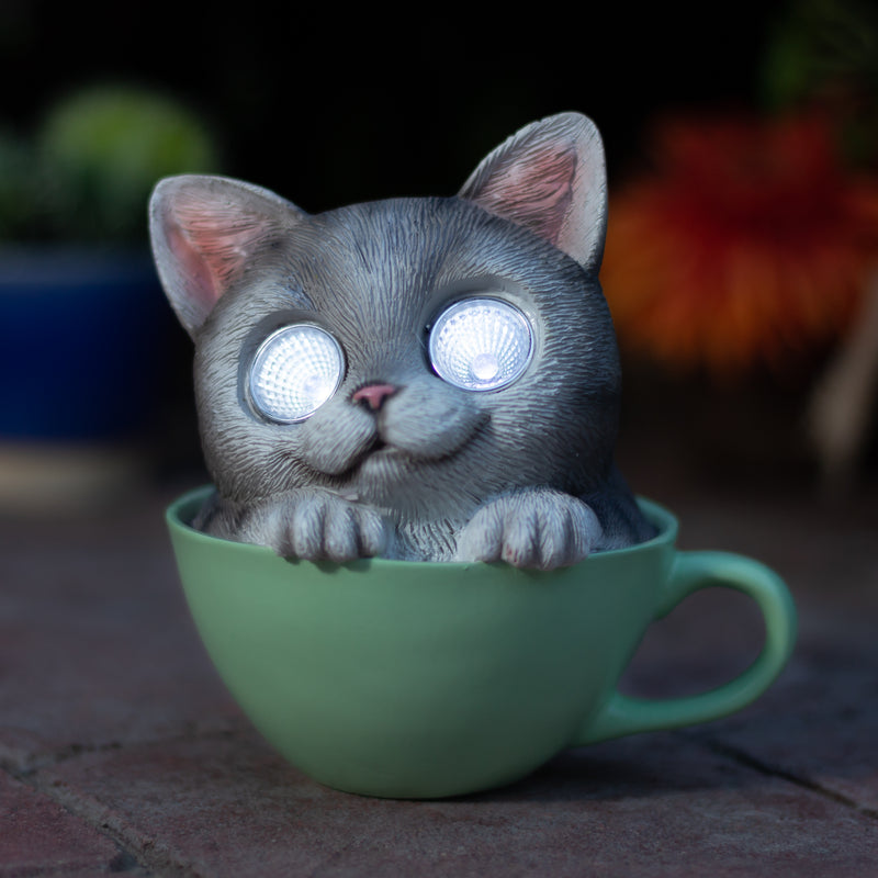 Gray Cat in a Cup Garden Solar Light